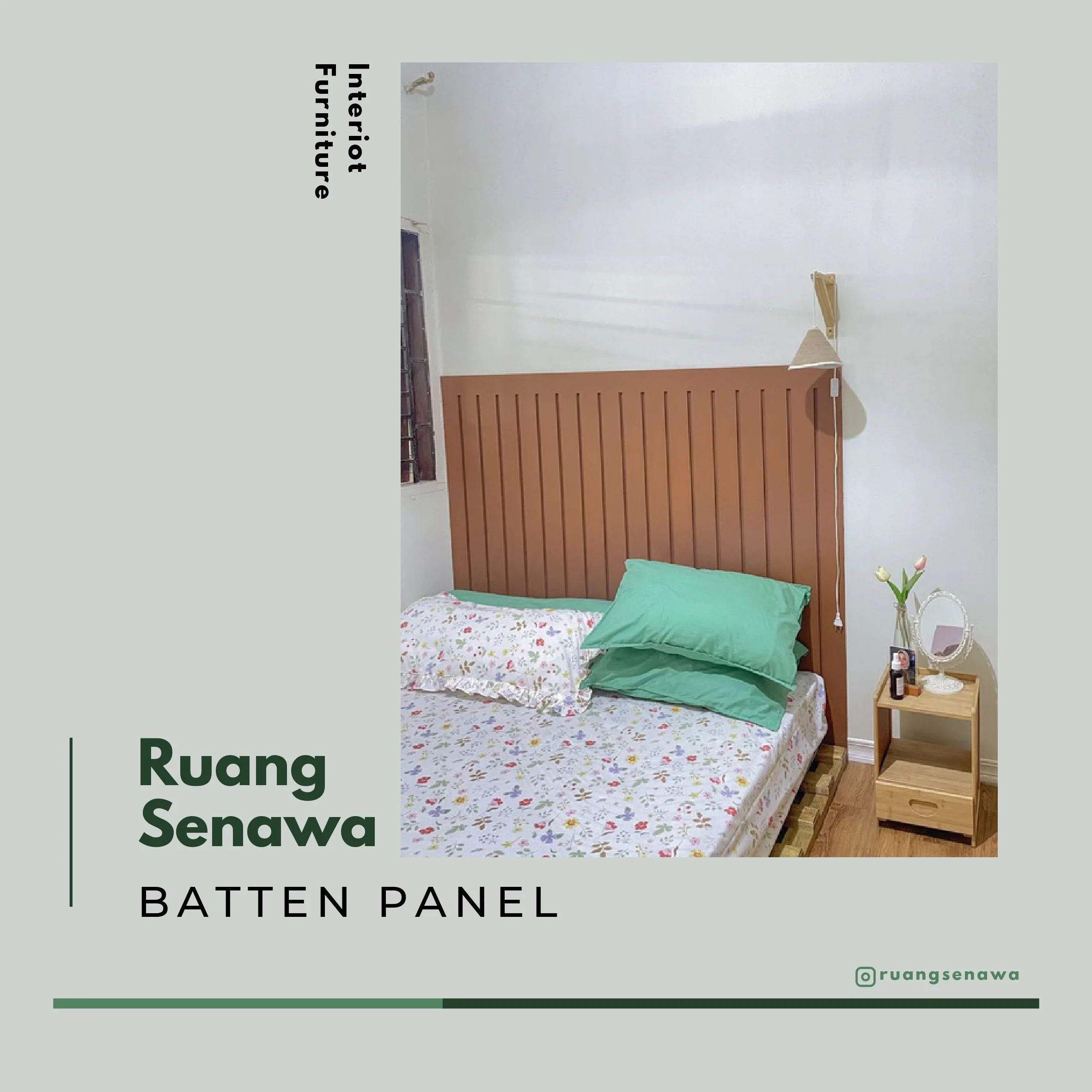 Terracotta Batten Panel Headboard — Headboard kasur minimalis aksen batten panel cokelat terracotta Kota Palu Ruang Senawa